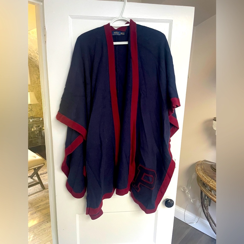 Polo ralph Lauren women's coat shawl cape wrap navy burgundy m/l large